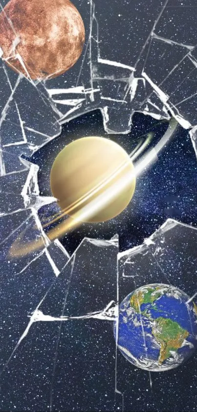 Mobile wallpaper with planets and shattered glass effect in deep space.