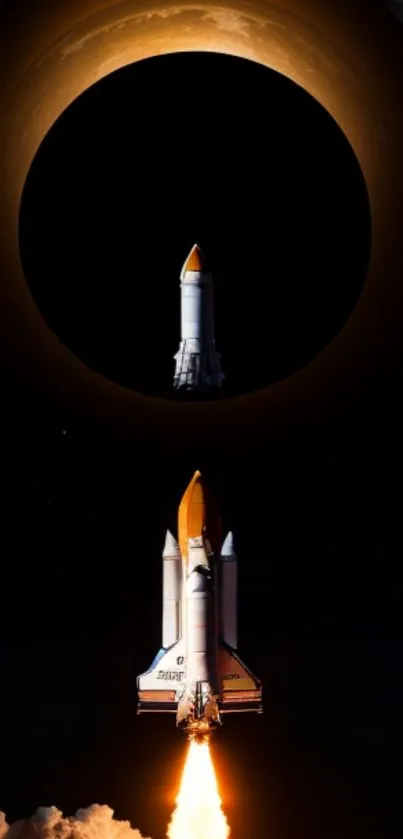 Space shuttle flying near an eclipse in the night sky.