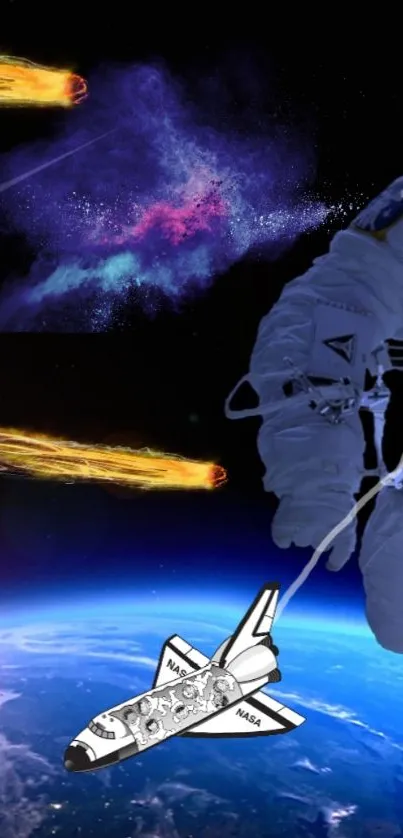 Vibrant space-themed wallpaper with shuttle and astronaut.