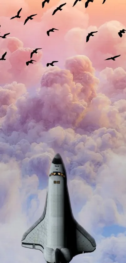 Space shuttle soaring through pink clouds with birds flying above.