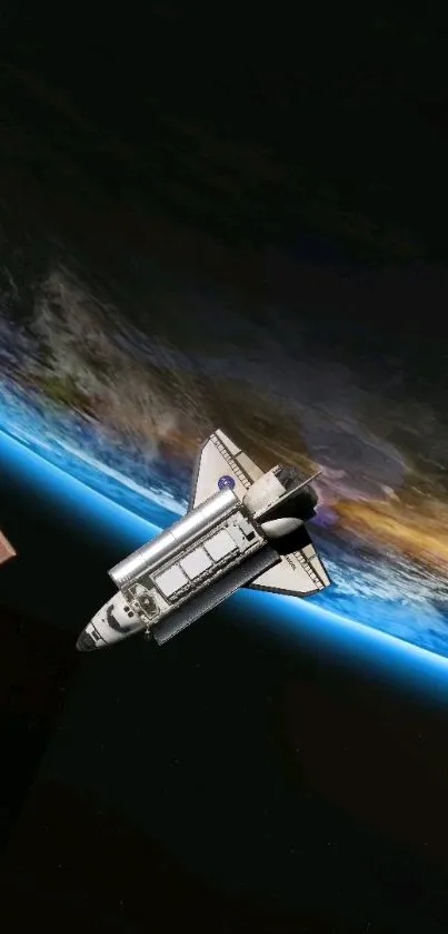 Space shuttle orbiting Earth with vibrant cosmic view.