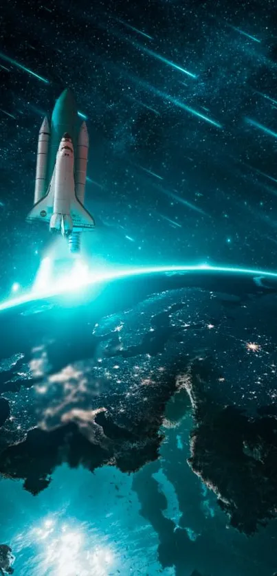 Space shuttle launching over Earth with a cosmic teal glow and starry sky.