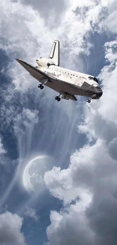 Space shuttle flying through a cloudy sky.