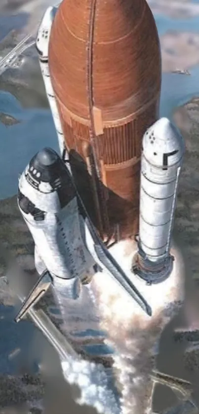 Artwork of a space shuttle launching above Earth.