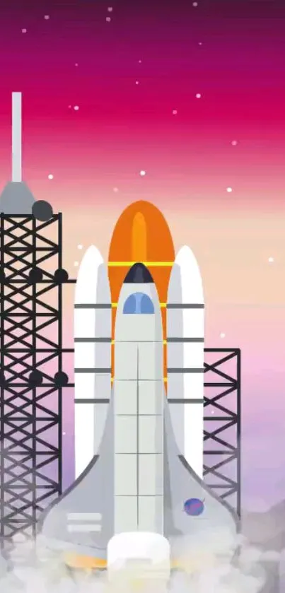 Illustrated space shuttle launch with vibrant magenta sky and launch pad.