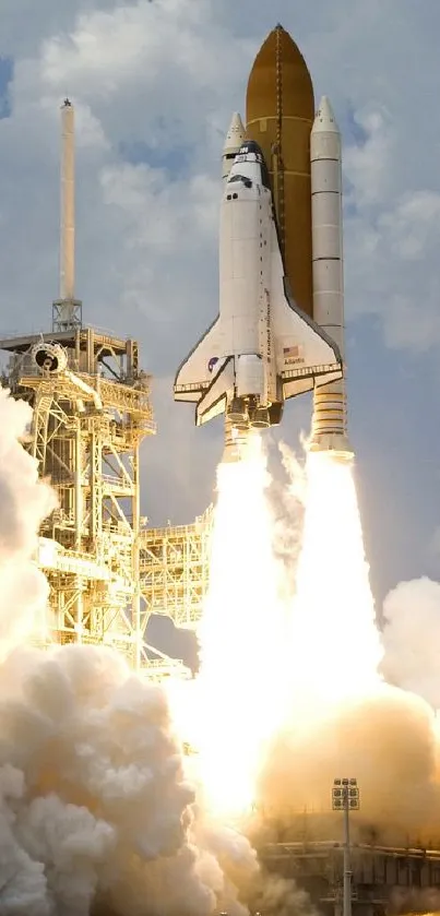 Space shuttle launching with smoke and flames against a bright cloudy sky.