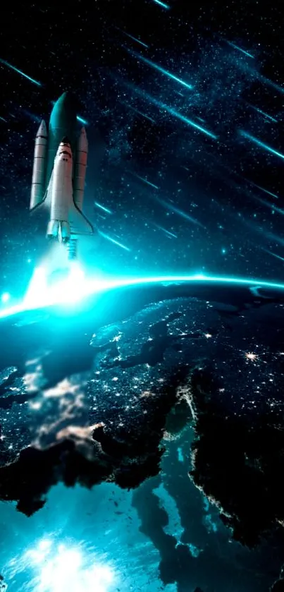 Space shuttle launching over Earth at night with a vibrant starry backdrop.