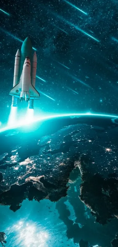 Space shuttle launching into a starry turquoise sky above Earth.