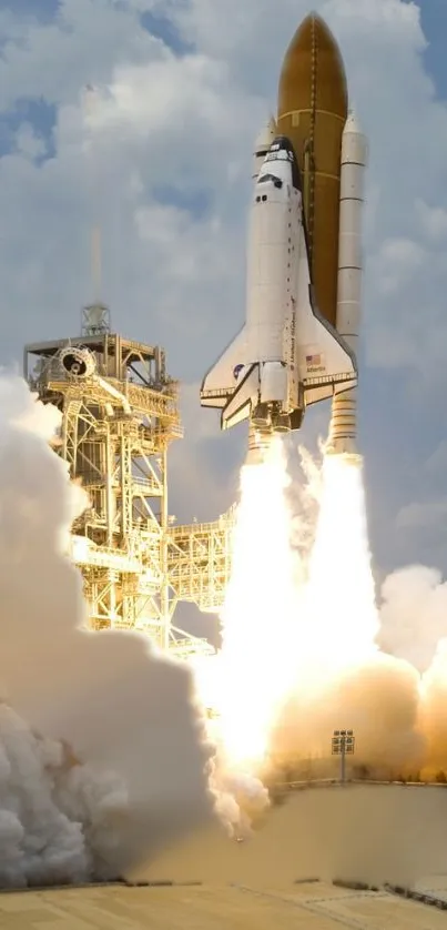 Space shuttle launching with smoke and fire against a cloudy sky.