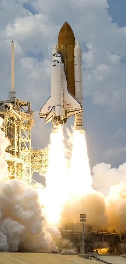 Dynamic space shuttle launch with smoke and clouds. Perfect for space fans.