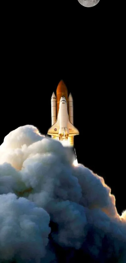 Space shuttle launching into night sky with clouds and moon.