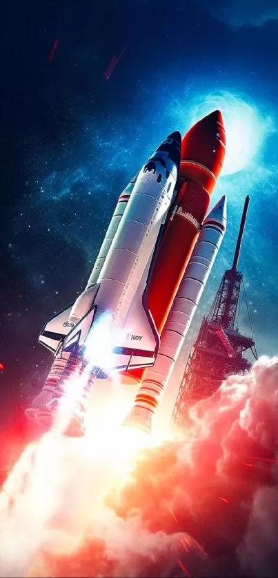 Space shuttle launching into a cosmic sky with vibrant colors.