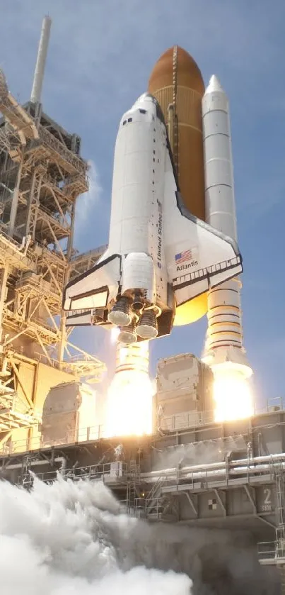 Space shuttle launching with fiery ignition and blue sky background.