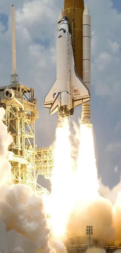 Space shuttle launches into cloudy sky, showcasing power and elegance.