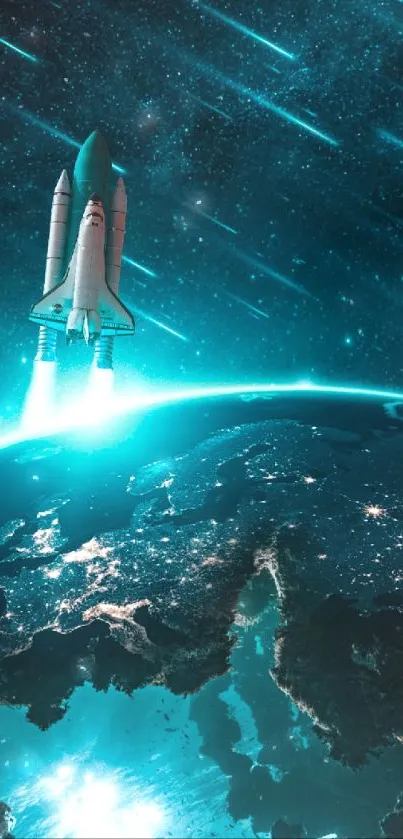 Space shuttle launch over Earth with a teal starry sky backdrop.