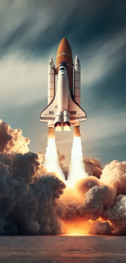 Space shuttle launching through dramatic clouds.