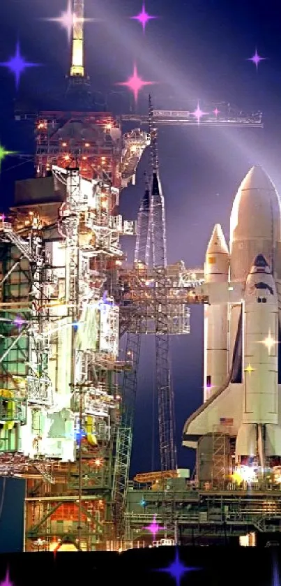 Night launch of space shuttle on pad with bright lights.