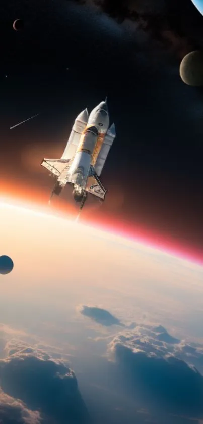 Space shuttle over Earth with planets and a glowing horizon.