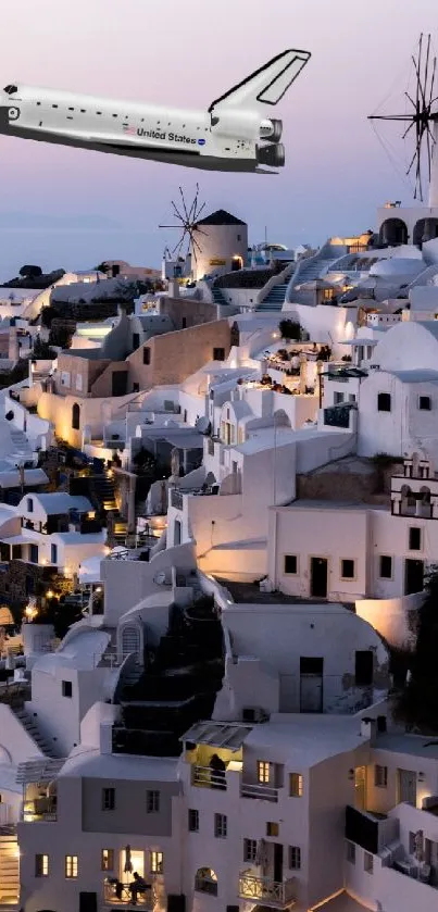 Space shuttle flies above Santorini's iconic white buildings at dusk.