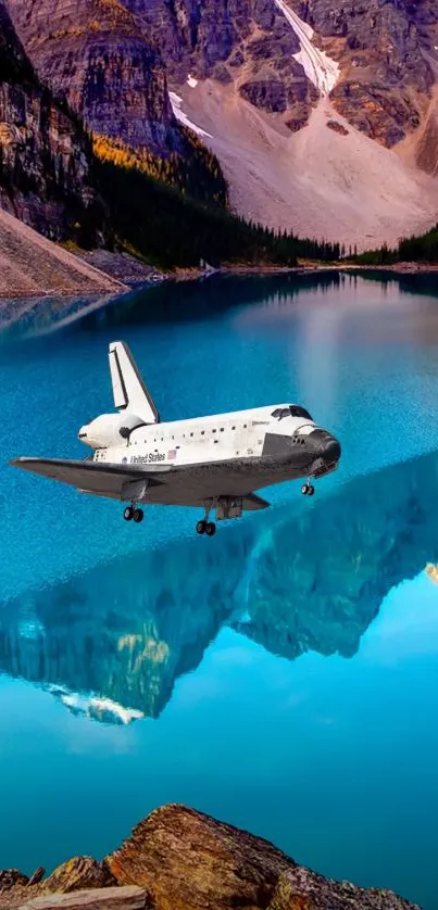 Space shuttle flying over vivid turquoise mountain lake.