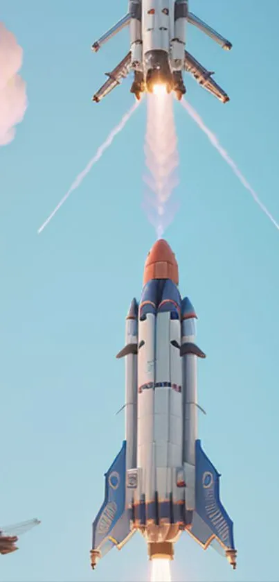 Rocket launch with blue sky background, mobile wallpaper.