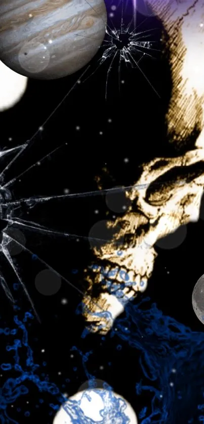 Artistic space-themed skull wallpaper with planets and a dark aesthetic.