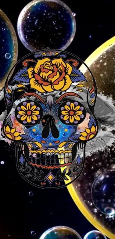 Colorful sugar skull on cosmic background wallpaper.