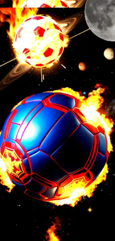 Fiery soccer balls blaze through a space scene with planets and vivid flames.