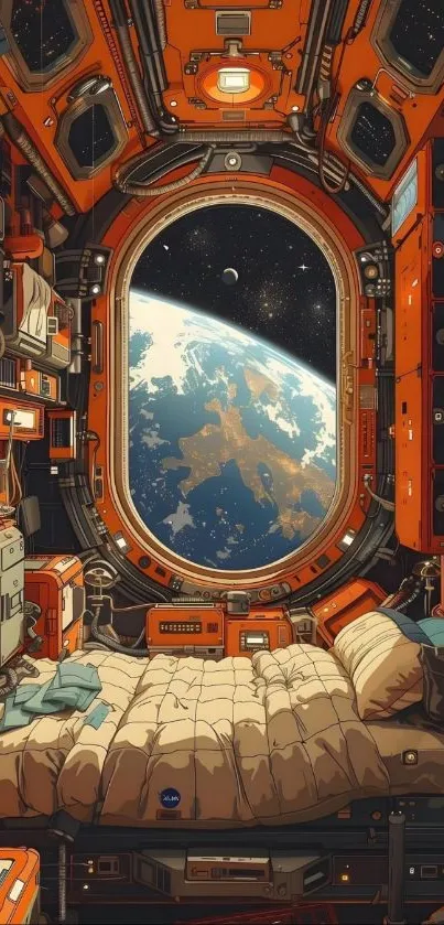 Futuristic space station cabin with Earth view outside window.