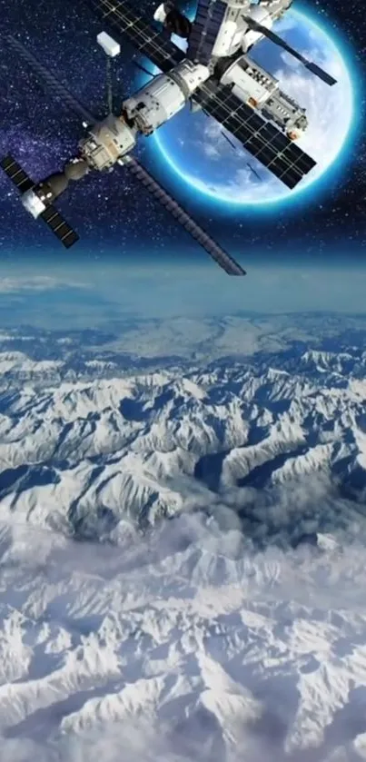 Space station orbiting above Earth's snowy landscape with a blue cosmic background.