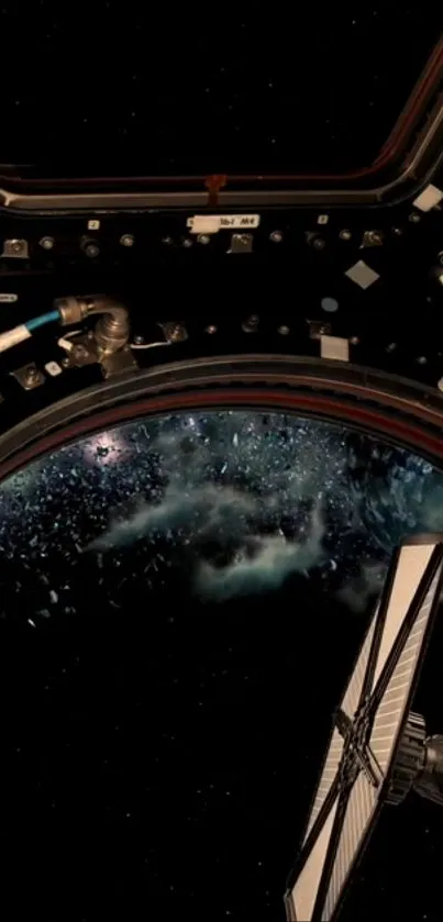 View of space from a station window, depicting stars and galaxies.