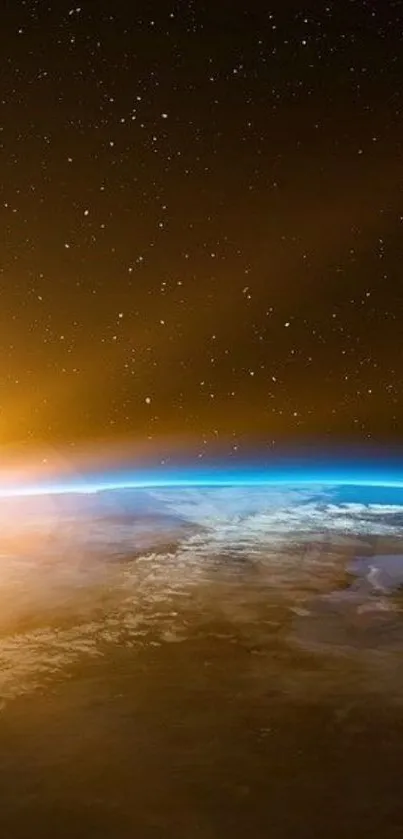 Vibrant sunrise over Earth with cosmic stars in the background.