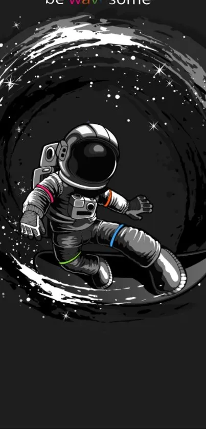 Astronaut surfs through a cosmic wave in space-themed mobile wallpaper.