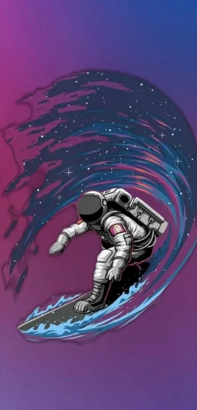 Astronaut surfing a cosmic wave with a galaxy backdrop wallpaper.