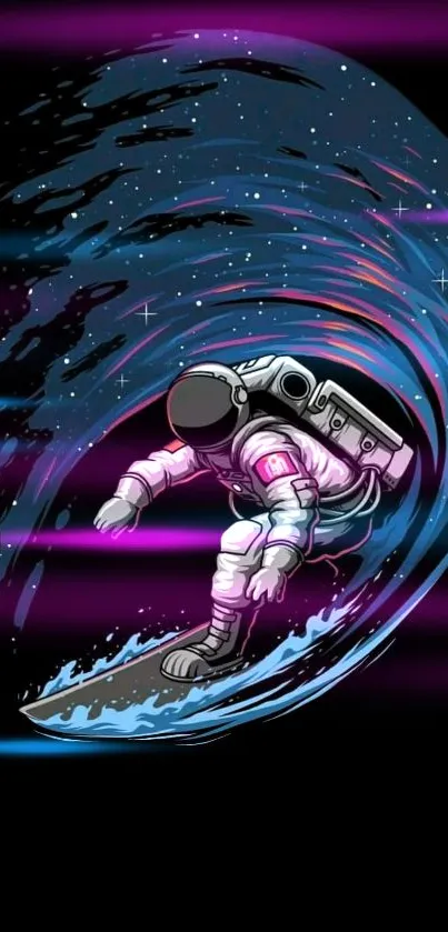 Astronaut surfing cosmic waves in space-themed wallpaper.