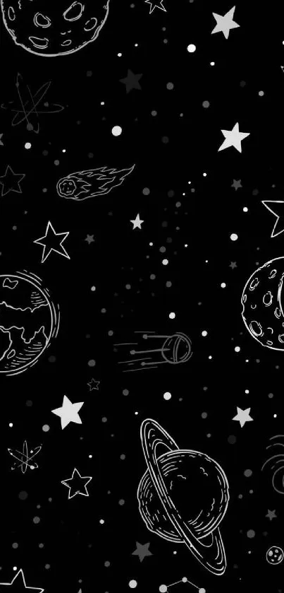 Black wallpaper with space theme and celestial drawings.