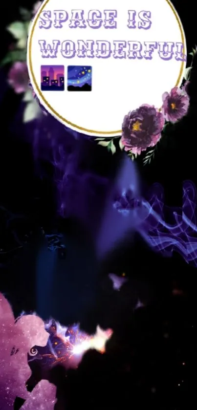 Fantasy space wallpaper with purple floral accents and cosmic theme.