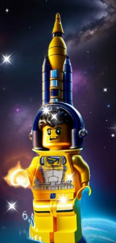 LEGO minifigure in space with rocket background, stars, and galaxies.