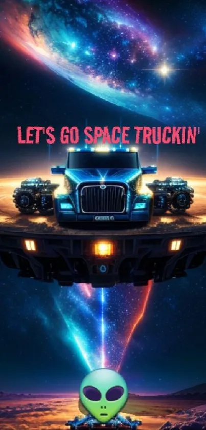 Colorful space scene with a truck, alien, and galaxy.