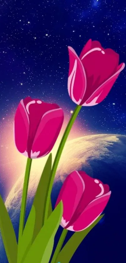 Vibrant tulips with a space and planet background.