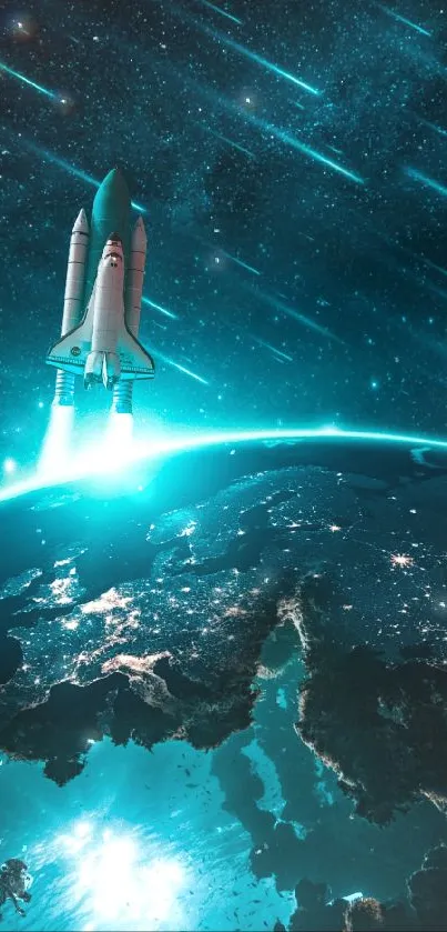 Space shuttle launch over Earth with a dark teal starry sky.