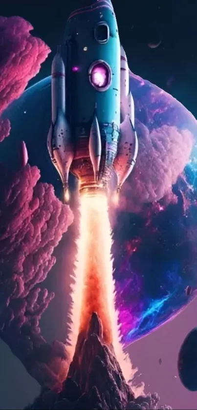 Vibrant sci-fi rocket launching into space with colorful cosmic backdrop.