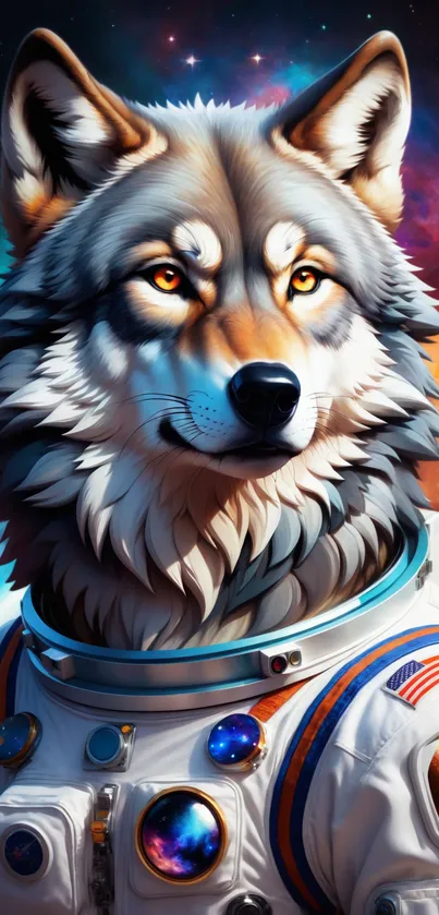 Majestic wolf in a spacesuit against a cosmic backdrop.