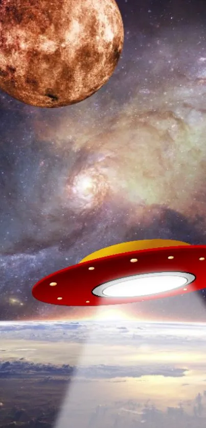 UFO flying through space with planet and galaxy in the background.