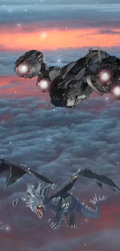 Spaceship and dragon above clouds at sunset.