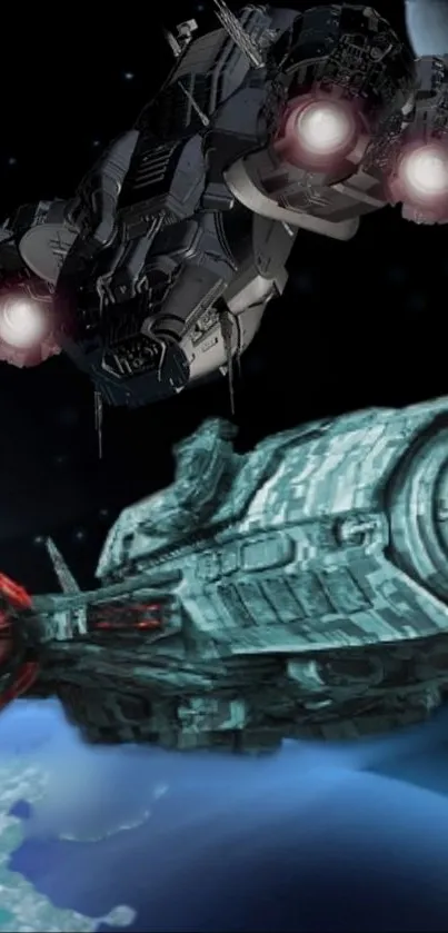 Futuristic spaceship soaring above Earth with celestial background.