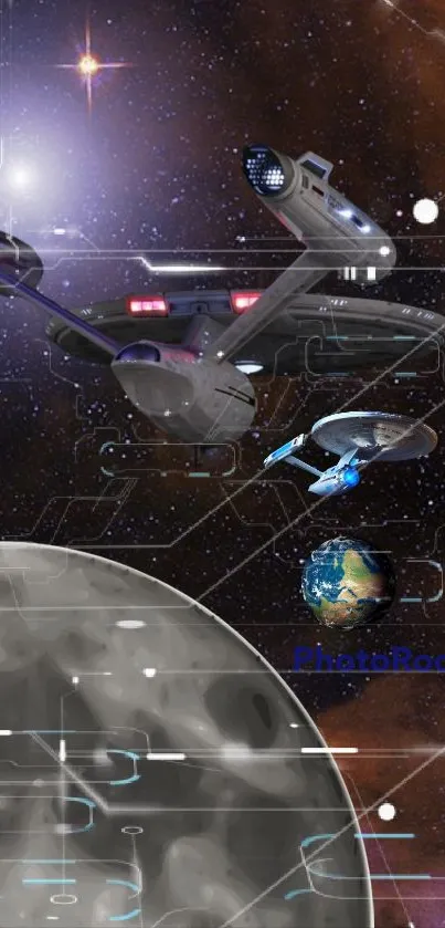 Futuristic spaceship flying through galaxy with planets and stars in the background.