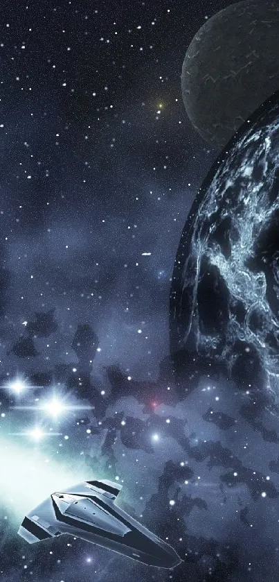 Spaceship traveling through galaxy with planet in background.