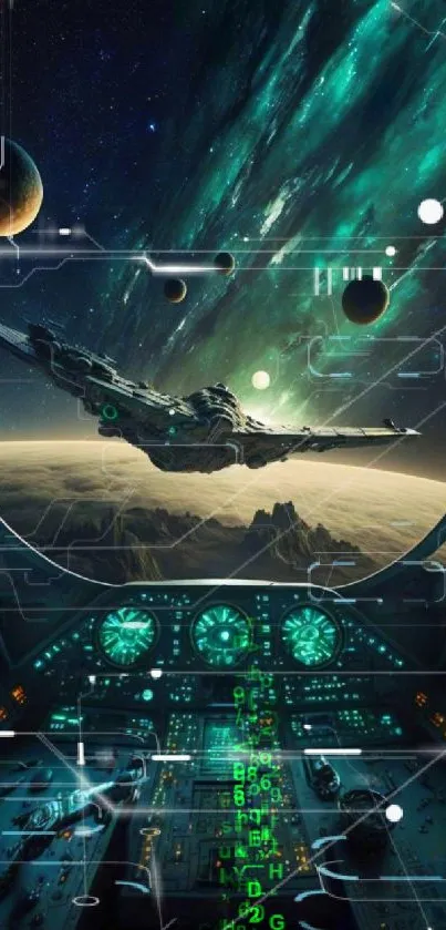 Spaceship cockpit with stunning space view and planets.