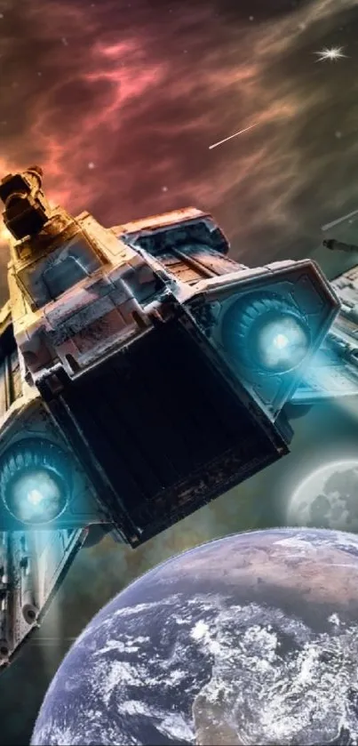 Spaceship soaring through colorful cosmic space with Earth in view.